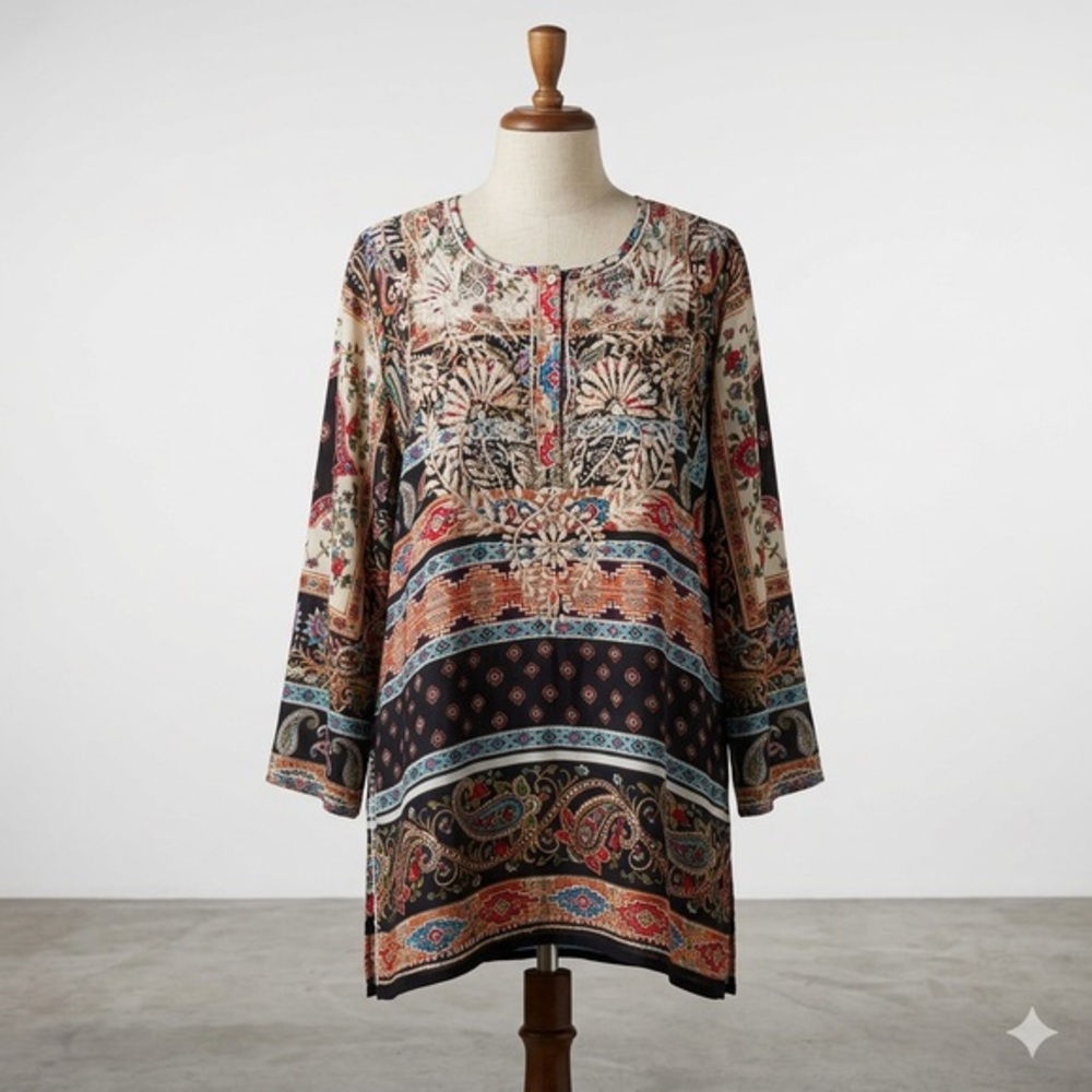 KAREN SEO Silk Embroidered Tunic, Size Large.